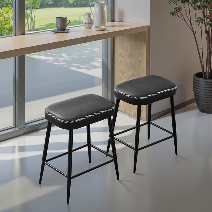 Набір з 2 барних стільців з мікрофібри, ретро стиль, з підніжкою, 62.5 см, без спинки, сірий (чорна шкіра)