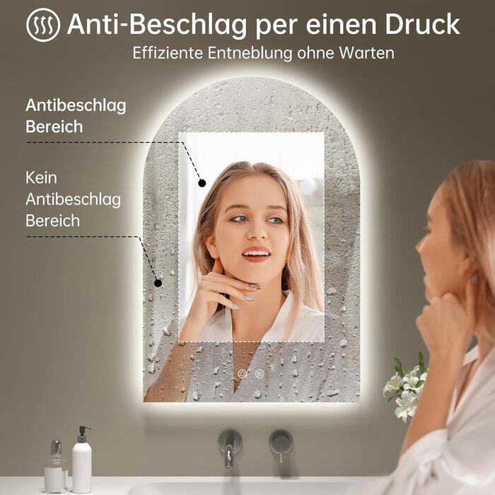 Дзеркало для ванної кімнати OUMUSU з підсвічуванням, 50x75 см, без рами, арочне, антизапотівальне, сенсорне керування, диммування, 3 кольори світла