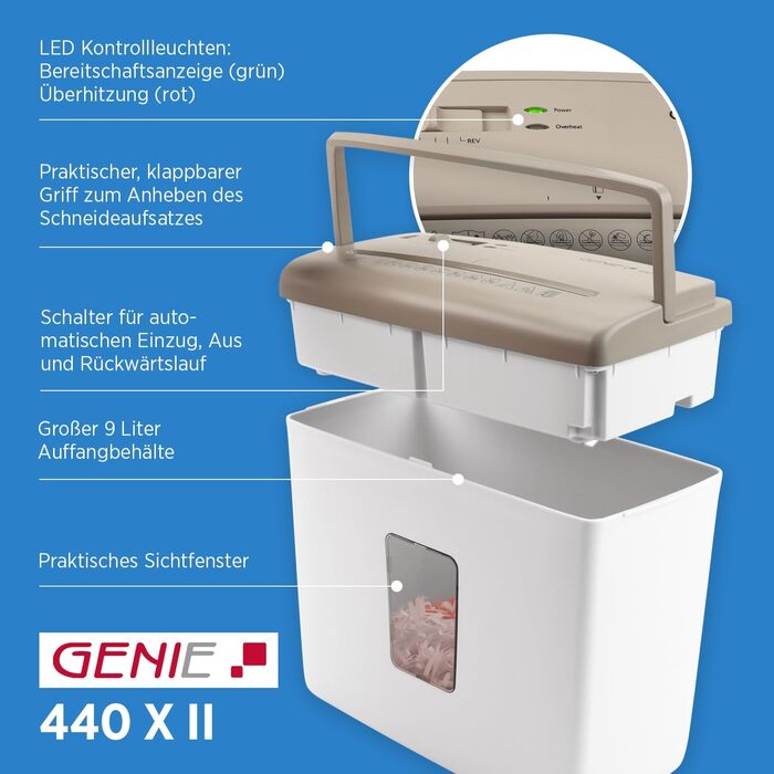 Шредер Genie 440 X II P4: Активний знищення документів, 9л, автоматичний старт/стоп, компактний, для дому та офісу