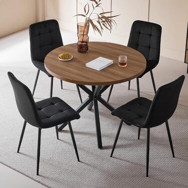 Обідній комплект на 5 персон: круглий стіл 100 см + 4 стільці (голландський флізелін), для кухні, вітальні, балкону, ресторану, офісу (темне дерево + чорний колір)