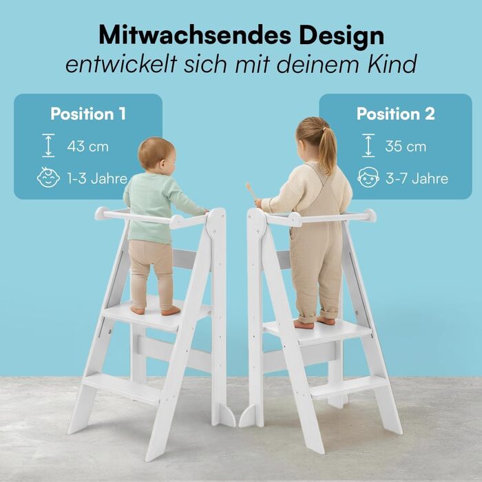 Bellabino Tay – Навчальний столик-лесенка для дітей від 1 року, білий, регульований, з захистом від перекидання, Монтессорі, з берези