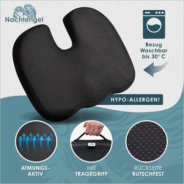 Ортопедична подушка для сидіння Nachtengel з Memory Foam для ергономічного комфорту, полегшення болю в куприку та спині – ідеально для офісного крісла, автосидіння (1 шт, чорний, Medium)