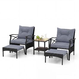 Садовий набір меблів COSTWAY з ротангу, 5 предметів: 2 крісла з подушками, пуф та стіл для балкона, тераси, саду (Чорний + Сірий)