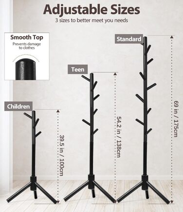 Підставка для одягу з бука, 9 гачків, 3 положення по висоті, для шапок, шарфів, сумок (білий/чорний)