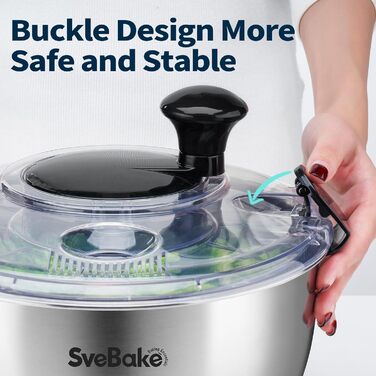 Салатниця-швидкоочисник з нержавіючої сталі 18/10 з ручним приводом та мискою об'ємом 4,5 літра, придатна для миття в посудомийній машині, чорний прозорий кришка