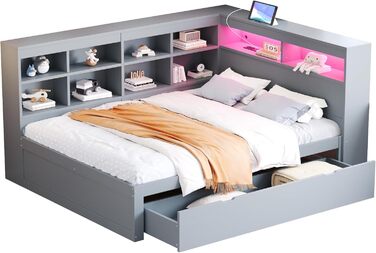 Диван-ліжко Kehun Doppelbet з LED-підсвіткою та USB-портом, трансформер з ящиками для зберігання та полицею, ліжко з ламелями, білий колір, без матраца, 140x200 см (сірий)