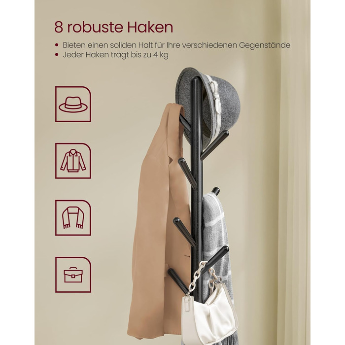 Стійка для одягу VASAGLE з 8 гачками та полицею, 170,5 см, чорний колір, RCR033B01