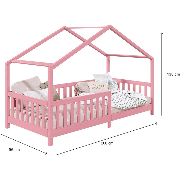 Ліжко для дому IDIMEX LISAN з масиву сосни рожевого кольору, красиве ліжко Монтессорі 90 х 200 см, стійке індійське ліжко із захистом від падіння та дахом