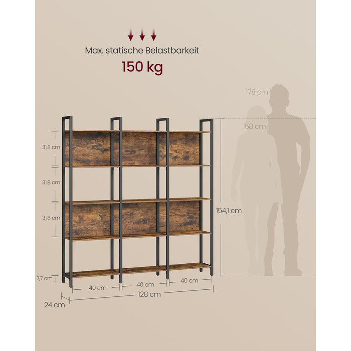 Стелаж VASAGLE з 5 полицями: для кухні, офісу, вітальні. Сталевий каркас, індустріальний дизайн, розмір 24x128x154,1 см, колір vintagebraun-tintenschwarz