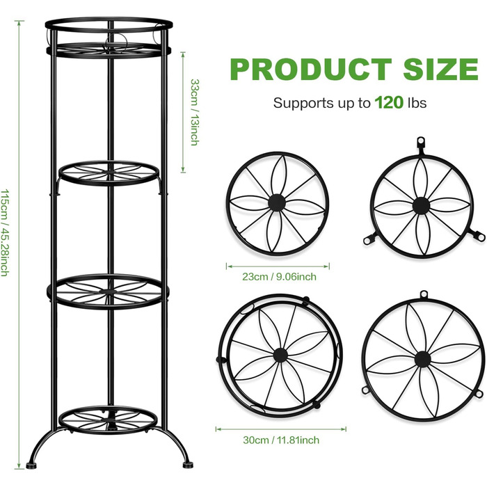 Ярусна металева підставка для рослин JOENCOST, висота 115 см, нержавіюча, внутрішня/зовнішня, біла (4 яруси, чорна), 3-