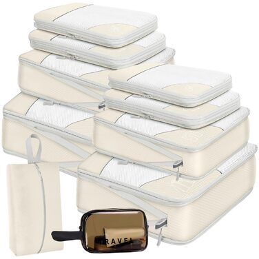 Набір компресійних органайзерів для одягу в дорогу, 10 предметів, стиснення об'єму, дорожній органайзер для валізи та подорожей, бежевий