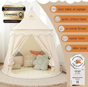 Дитячий намет LIONHERZ® DAS ORIGINAL: принцесин замок з бавовни та льону | з фібергласовими штангами та сумкою для перенесення | стабільний намет-тіпі для дівчаток (без аксесуарів)