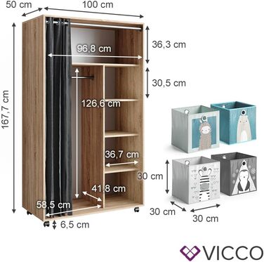 Шафа-купе Vicco Doros, Sonoma, 100 х 168 см відкрита, з коліщатками 100 х 168 см з відкидними ящиками Sonoma