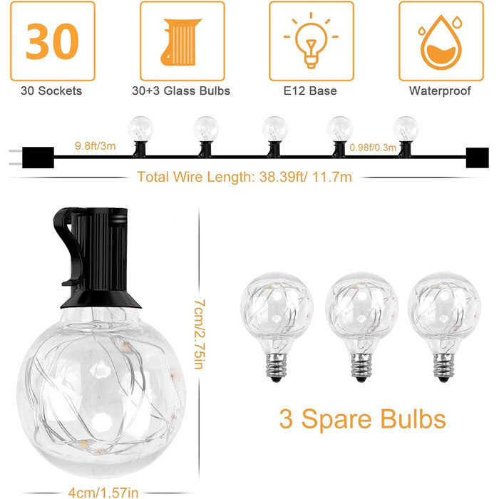 Струнні світильники на вулиці 11,7 м, 35 лампочок G40, 165 світлодіодів, водонепроникність IP65 для зовнішнього/внутрішнього декору