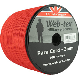 Рулон парашутного шнура Web-tex - товщина 3 мм - Довжина 100 м (Червоний)