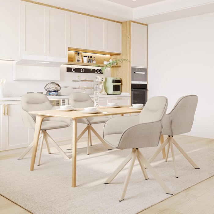 Обідні стільці поворотні з підлокітниками, комплект 6 шт, з м'яким сидінням з велюру, бежевий колір, для кухні та вітальні