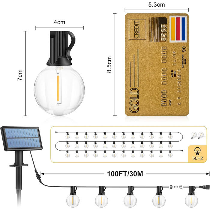 Світлодіодні струнні світильники для вулиці 48 ламп, стійкі до погодних умов, з можливістю затемнення, теплий білий, ретро для прикраси (сонячні), 30M