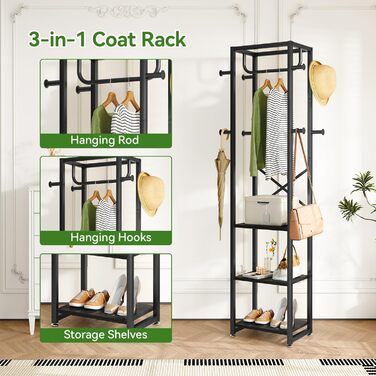 Підставка для одягу IBUYKE, вішалка для одягу з 3 полицями та 8 гачками, індустріальна вішалка для передпокою, коридору, спальні, природа та білий, TMJ088R, Природний та Білий (180 x 40 x 30 см, Чорний)