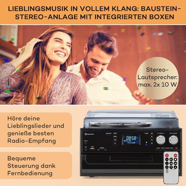 Програвач вінілу Auna з Bluetooth, USB, CD, DAB-радіо, вбудованими динаміками, ретро-дизайн, чорний