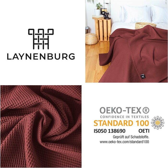Плед LAYNENBURG Premium 180x220 см, вафельна тканина, 100% бавовна, теплий плед для ліжка, дивана, софи, махагон