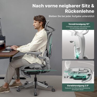 Офісний стіл HINOMI H2 Pro з ергономічною підтримкою попереку, регульованою підголівником та підлокітниками, до 150 кг, дихаюча сітка, поворотний крісло для дому та офісу, сірий