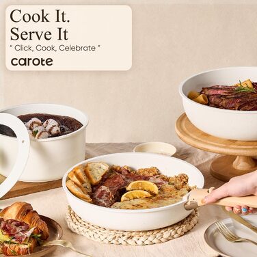 Набір посуду CAROTE 19 предметів, антипригарне покриття, кухонний набір, безпечний для духовки та холодильника, економія місця, універсальний набір, кремовий (19 шт)