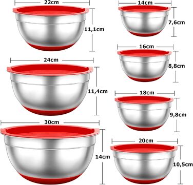 Набір мисок TEAMFAR з нержавіючої сталі: салати, зберігання, приготування їжі. Об'єм: 0.7-6.5 л, з кришкою та силіконовим дном.