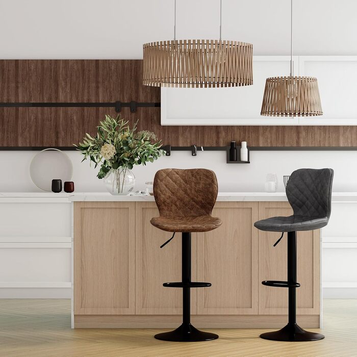 Набір барних стільців 4 шт. регульовані по висоті з підлокітником та підставкою для ніг – 360° обертання, PU шкіра, оббивка, металевий каркас для кухні, стійки, їдальні, вітальні, чорний