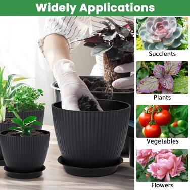 Набір горщиків для квітів з пластику, 8 шт. з отворами, круглі підставки, горщики для кактусів та трав, набір для офісу, балкону, саду, сукулентів, чорний