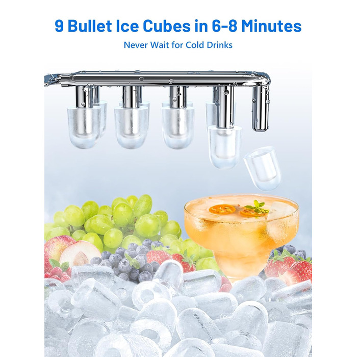 VINATO Льодогенератор портативний для дому та офісу, 12 кг/24 год, срібний. Швидке виробництво льоду (6-8 хв), з лопаткою та кошиком.