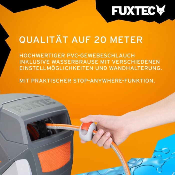 Автоматичний шланг Fuxtec FX-WSA30 – 30 м, ½ дюйма, для саду з ручною лійкою та з'єднаннями, настінний, поворотний 180° (65x29x46 см)