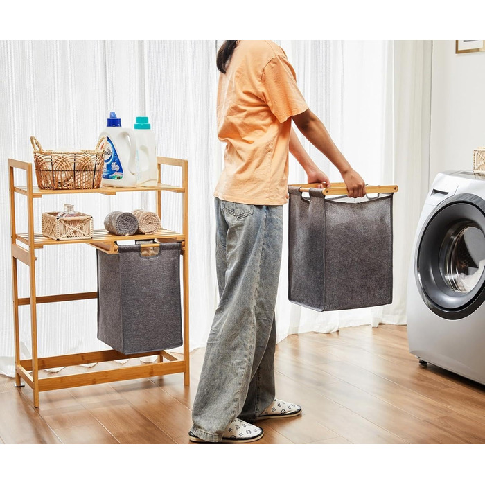 Кошик для білизни YOUDENOVA з бамбукового каркасу, 2 відсіки, 2 висувні мішки для білизни, 93x64x33 см, 70 л, сірий