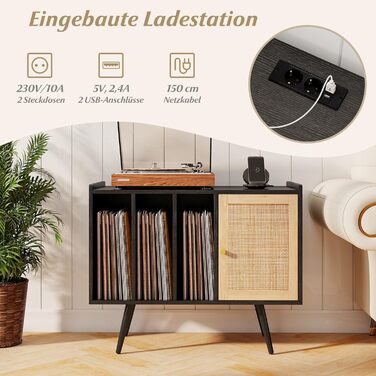 Підставка для програвача COSTWAY з зарядною станцією, стійка для вінілових програвачів, шафа для зберігання платівок, ротанговий дерев'яний шафчик, стіл для зберігання 220 платівок, 80 x 40 x 65 см (Чорний)