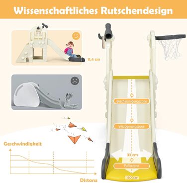 Дитячий ігровий комплекс COSTWAY 6-в-1: гірка, драбинка, баскетбольне кільце, кільця для кидання, тунель, телескоп. Для дітей від 3 років, жовтий.