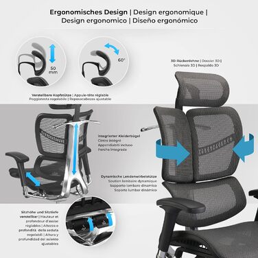 Офісне крісло CLP Norfolk Ergonomic - ергономічне крісло для офісу з підголівником, сірого кольору