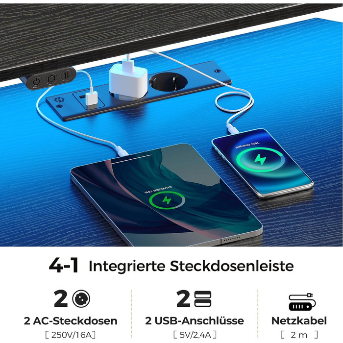 Комп'ютерний стіл Rolanstar L-подібний з RGB підсвічуванням та розетками, кутовий ігровий стіл, стіл для офісу, робочого кабінету, спальні (117 см, чорний, 137 x 137 x 87 см)