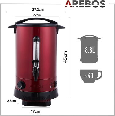 Електричний глінтвейнер Arebos 950 Вт | Дозатор гарячих напоїв | 8,8 л | з піддоном, краном, термостатом та захистом від перегріву | Регулювання температури 30-110°C | Червоний