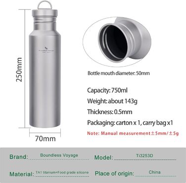Титанова пляшка для води Відкритий кемпінг Одношарова металева пляшка для води з широким горлом Запечатана Спорт Їзда на велосипеді Піші прогулянки Пікнік Скелелазіння Біг Чай Кавовий напій Пляшка (750 мл Ti3253d)
