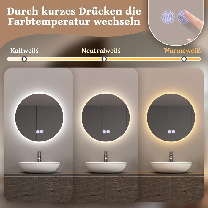 Дзеркало для ванної кімнати кругле LED з підсвічуванням 60 см, IP44. Кругле дзеркало з LED підсвічуванням для ванної кімнати, сенсорне керування, 60x60 см