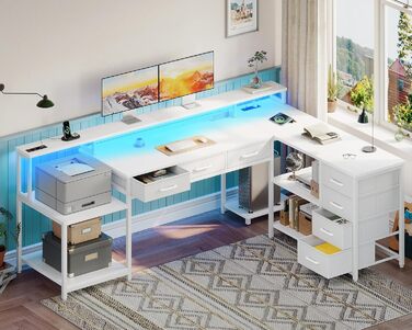 Ігровий стіл Coleshome з 7 висувними ящиками та великим об'ємом зберігання, кутовий стіл з RGB LED, реверсивний L-подібний стіл з 2 розетками, ідеальний для офісу та ігор, 179.5×135.5 см, білий