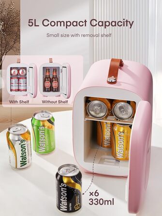 Міні холодильник FOHERE 5 літрів, USB живлення, 220V/12V, для напоїв та косметики, білий (рожевий)
