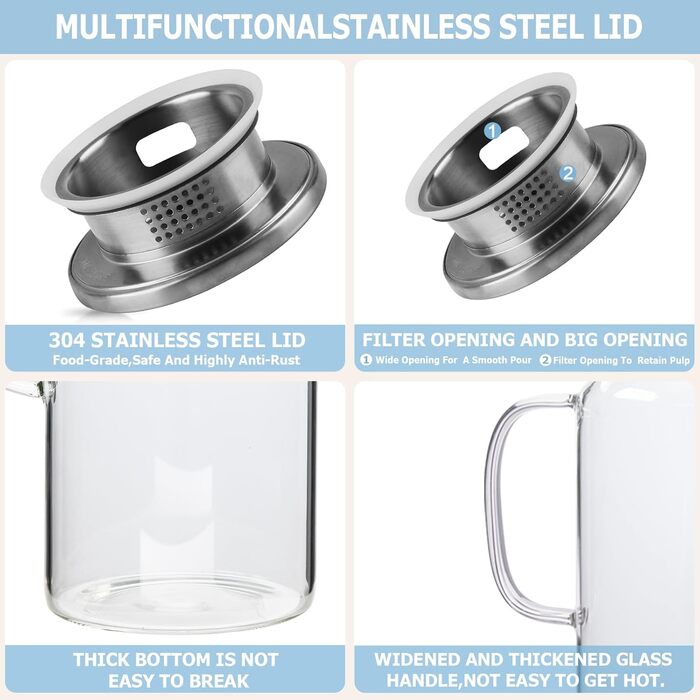 Скляна карафа Yirilan 1.5L з кришкою, 51 унція, для води, 2L