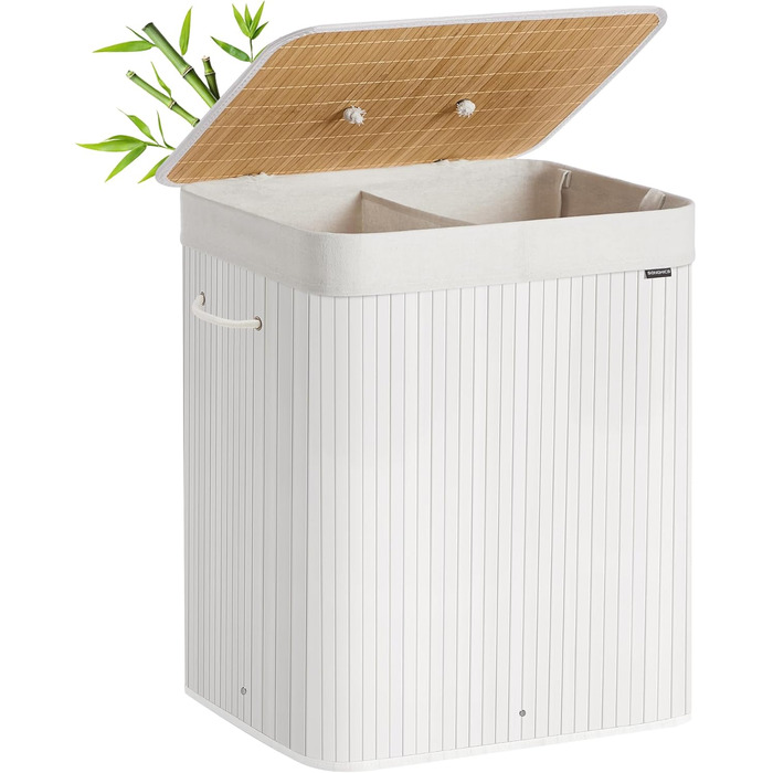 SONGMICS Кошик для білизни з кришкою, 2 відділення, бамбук, складаний, знімний мішок, для прання, з ручками, 120 л, білий
