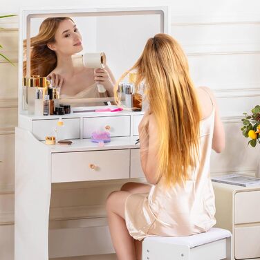 Трюмо COMHOMA з підсвічуванням, дзеркалом та прихованою LED-смугою, зі стільцем та 5 висувними ящиками, з розеткою, 3 колірні температури та регульована яскравість, білий