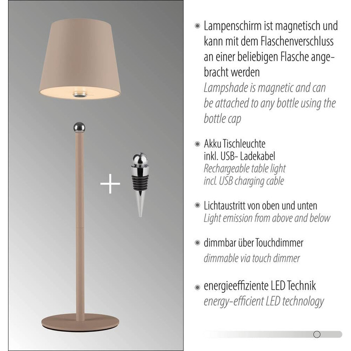 LED настільна лампа SellTec на акумуляторі, USB, біла, диммер, IP54, для саду, кемпінгу, балкону або тераси (пісок)