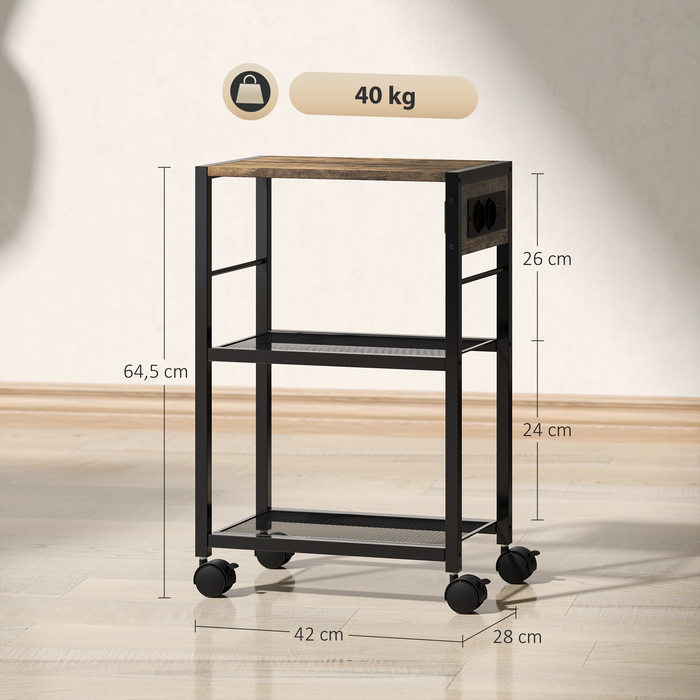 Підставка для принтера з полицею та колесами, з розетками, USB та USB-C портами, до 40 кг, у стилі рустикального коричневого