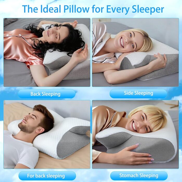 Ортопедична подушка для шиї Tbintul з Memory Foam, ергономічна подушка для сну, зменшує біль у шиї, для тих, хто спить на боці, спині та животі, покращує якість сну, чорний/білий колір