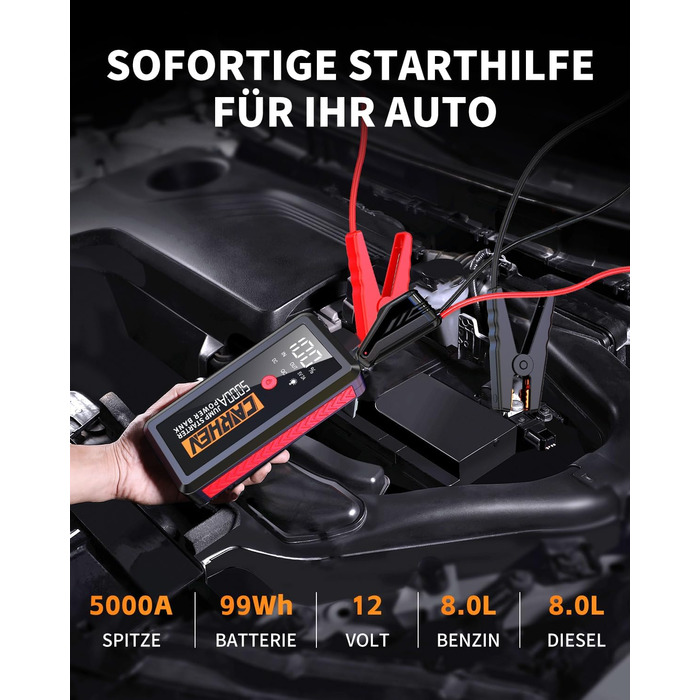 Powerbank для авто Starthilfe 5000A: зарядний пристрій, бустер, 12V, 8.0L бензин/дизель, USB, LED ліхтарик