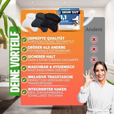 Підголовник для ванни – якісна підтримка шиї та спини – з 4 міцними присосками та інтегрованим гачком (білий)