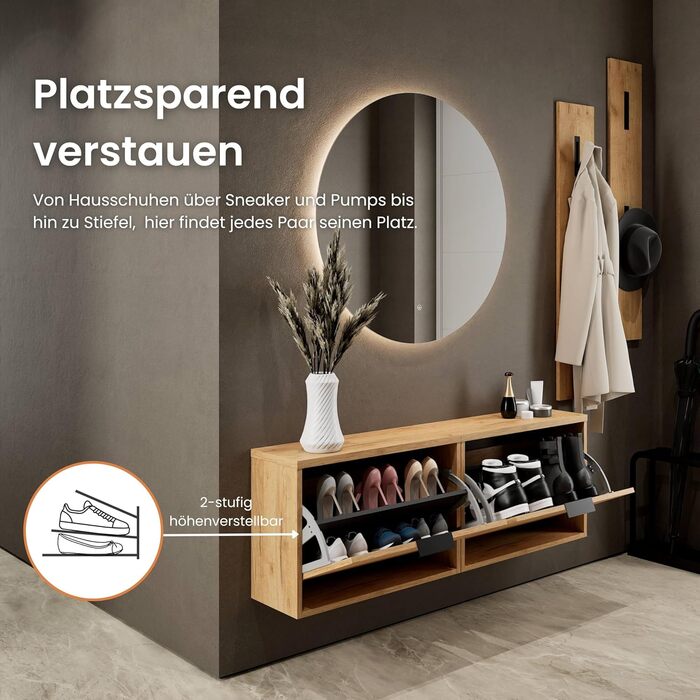 Взуттєва шафа Planetmöbel вузька з економною полицею, 6 полиць, комод для взуття для передпокою, коридору, гардеробу 60 x 23 x 118 см, білий сірий (2 дверцята, золотий дуб)